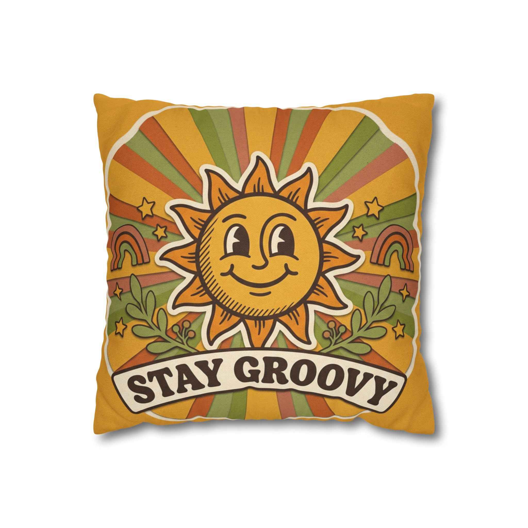 Stay Groovy Sun Decorative Pillowcase — Retro 70s Boho Accent Cushion Cover
