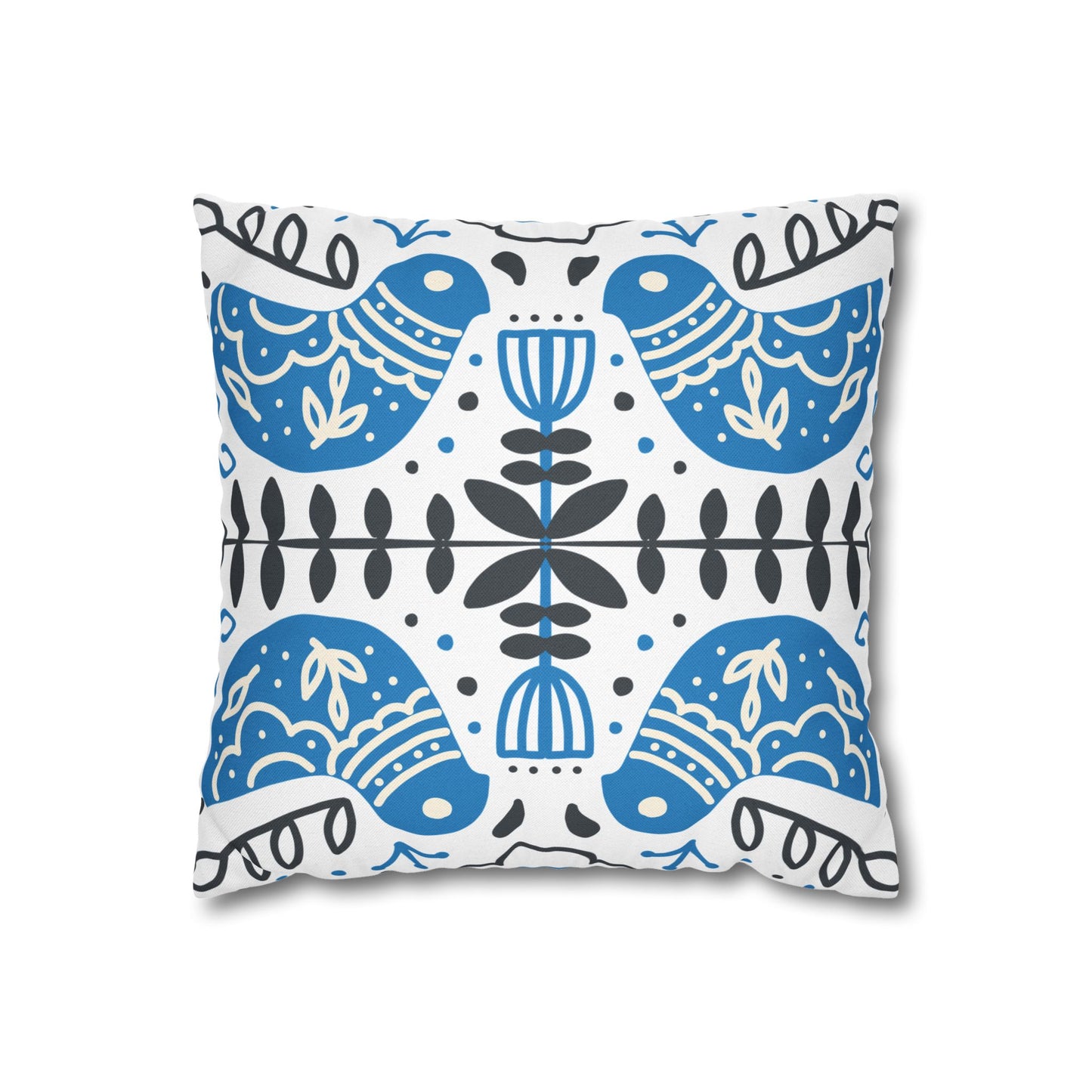 Blue Folk Bird Decorative Pillowcase — Scandinavian Pattern Square Cushion Cover