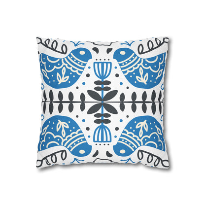 Blue Folk Bird Decorative Pillowcase — Scandinavian Pattern Square Cushion Cover