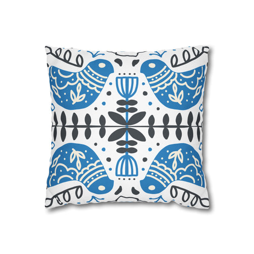 Blue Folk Bird Decorative Pillowcase — Scandinavian Pattern Square Cushion Cover