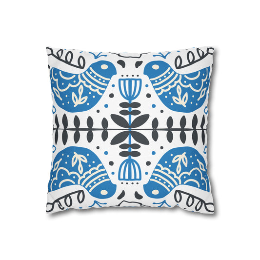 Blue Folk Bird Decorative Pillowcase — Scandinavian Pattern Square Cushion Cover