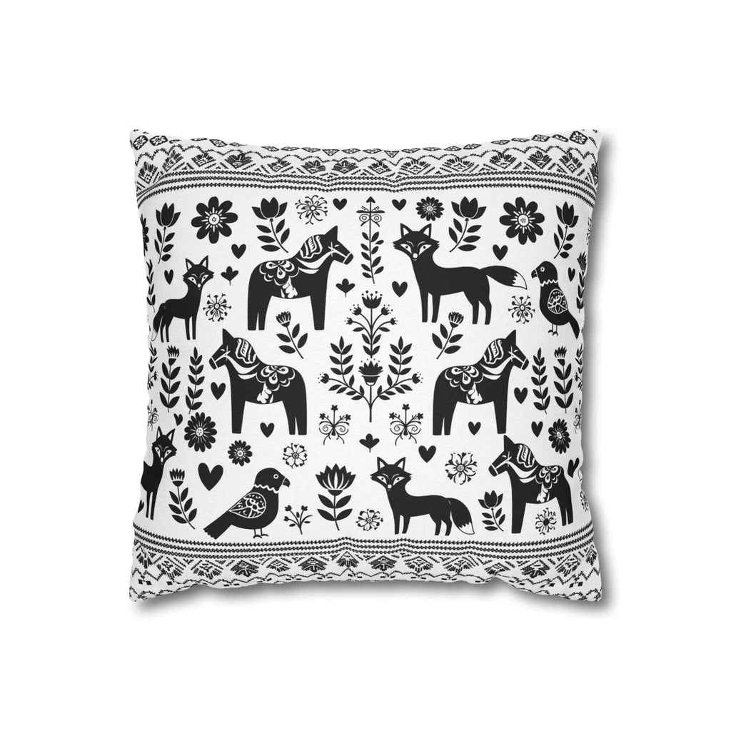 Nordic Folk Animal Pillow Cover — Black & White Dala Horse Throw Pillowcase