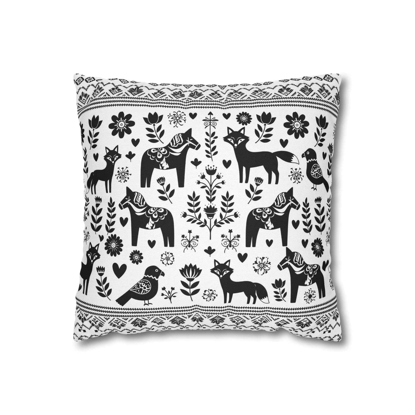 Nordic Folk Animal Pillow Cover — Black & White Dala Horse Throw Pillowcase