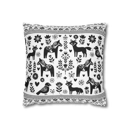 Nordic Folk Animal Pillow Cover — Black & White Dala Horse Throw Pillowcase