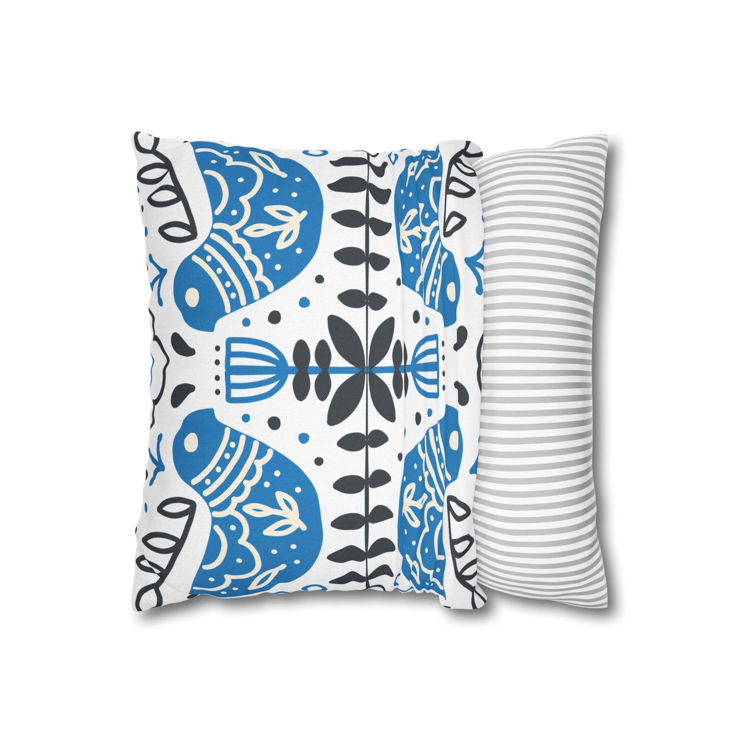 Blue Folk Bird Decorative Pillowcase — Scandinavian Pattern Square Cushion Cover