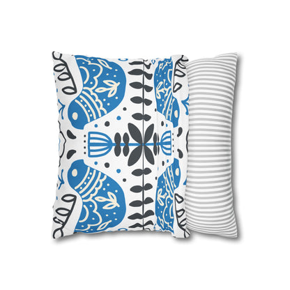 Blue Folk Bird Decorative Pillowcase — Scandinavian Pattern Square Cushion Cover