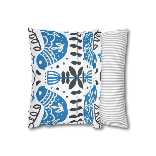 Blue Folk Bird Decorative Pillowcase — Scandinavian Pattern Square Cushion Cover