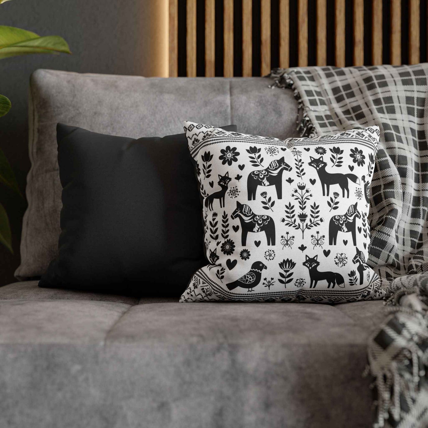 Nordic Folk Animal Pillow Cover — Black & White Dala Horse Throw Pillowcase
