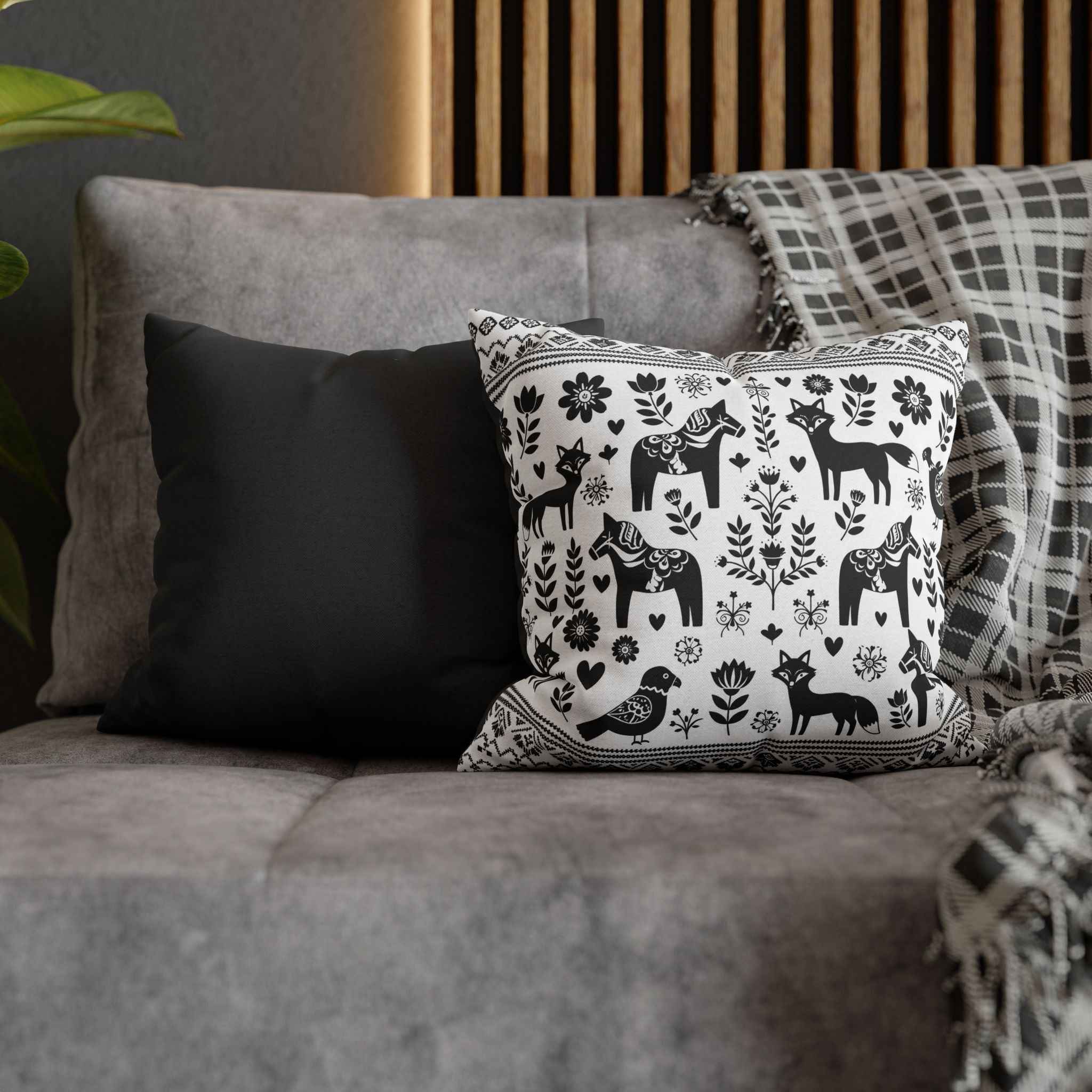 Nordic Folk Animal Pillow Cover — Black & White Dala Horse Throw Pillowcase