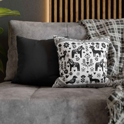 Nordic Folk Animal Pillow Cover — Black & White Dala Horse Throw Pillowcase
