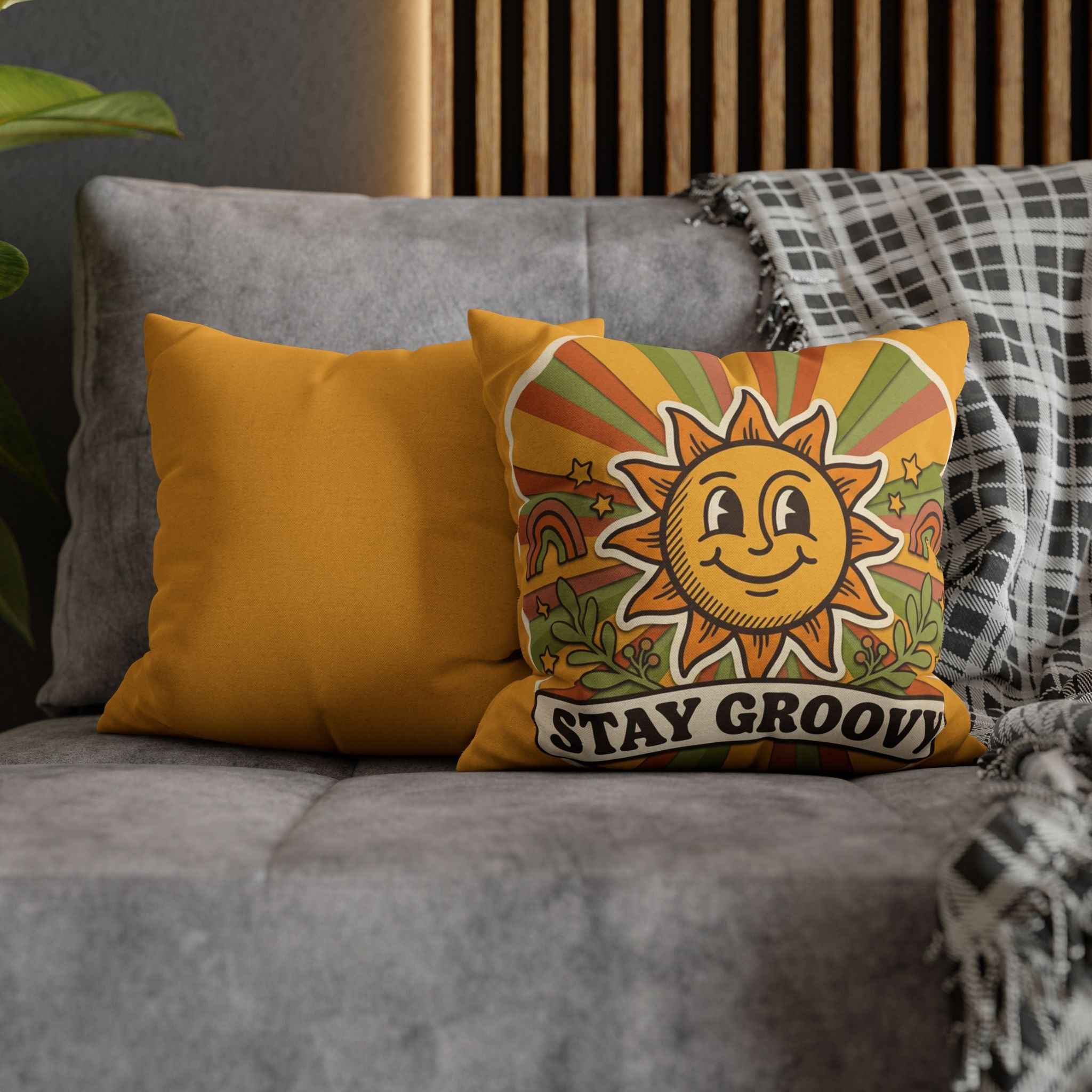 Stay Groovy Sun Decorative Pillowcase — Retro 70s Boho Accent Cushion Cover