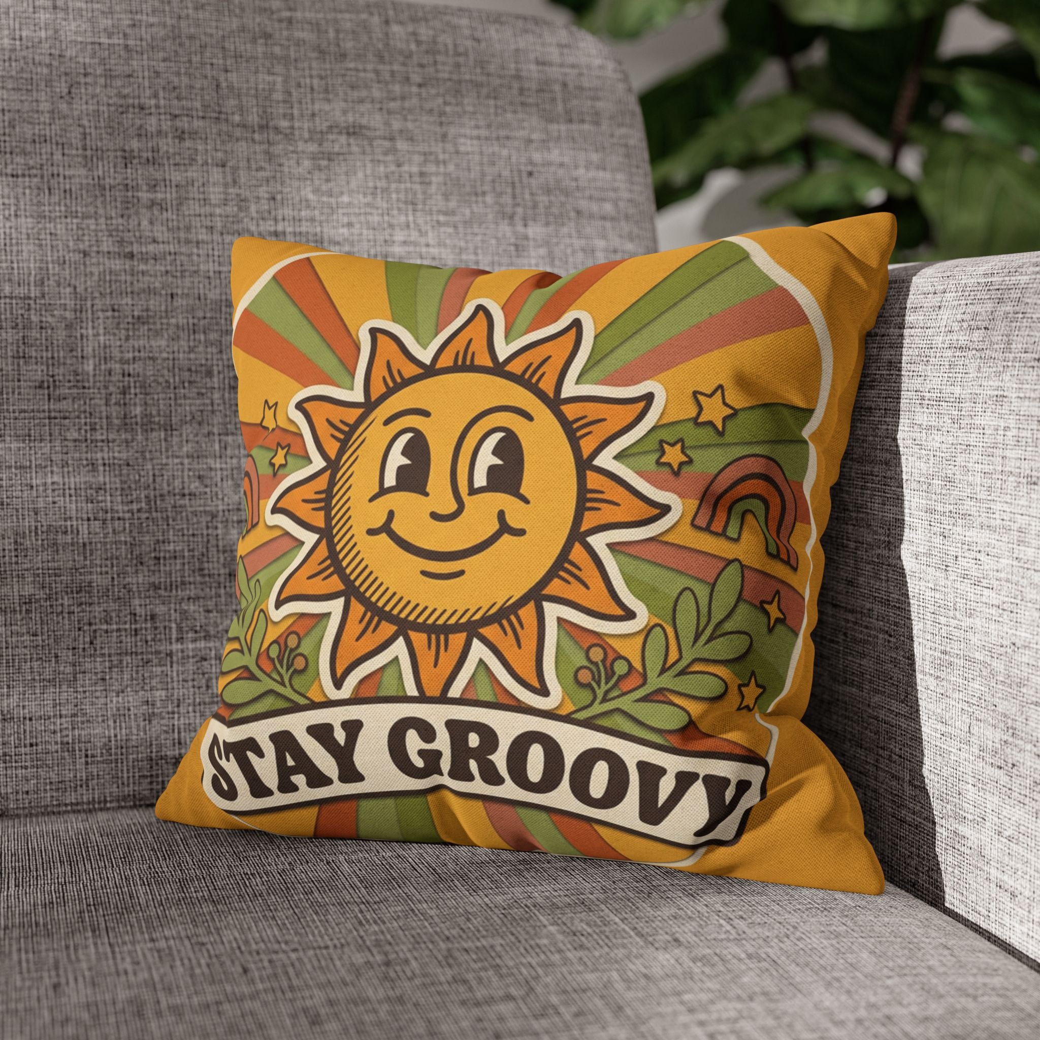 Stay Groovy Sun Decorative Pillowcase — Retro 70s Boho Accent Cushion Cover