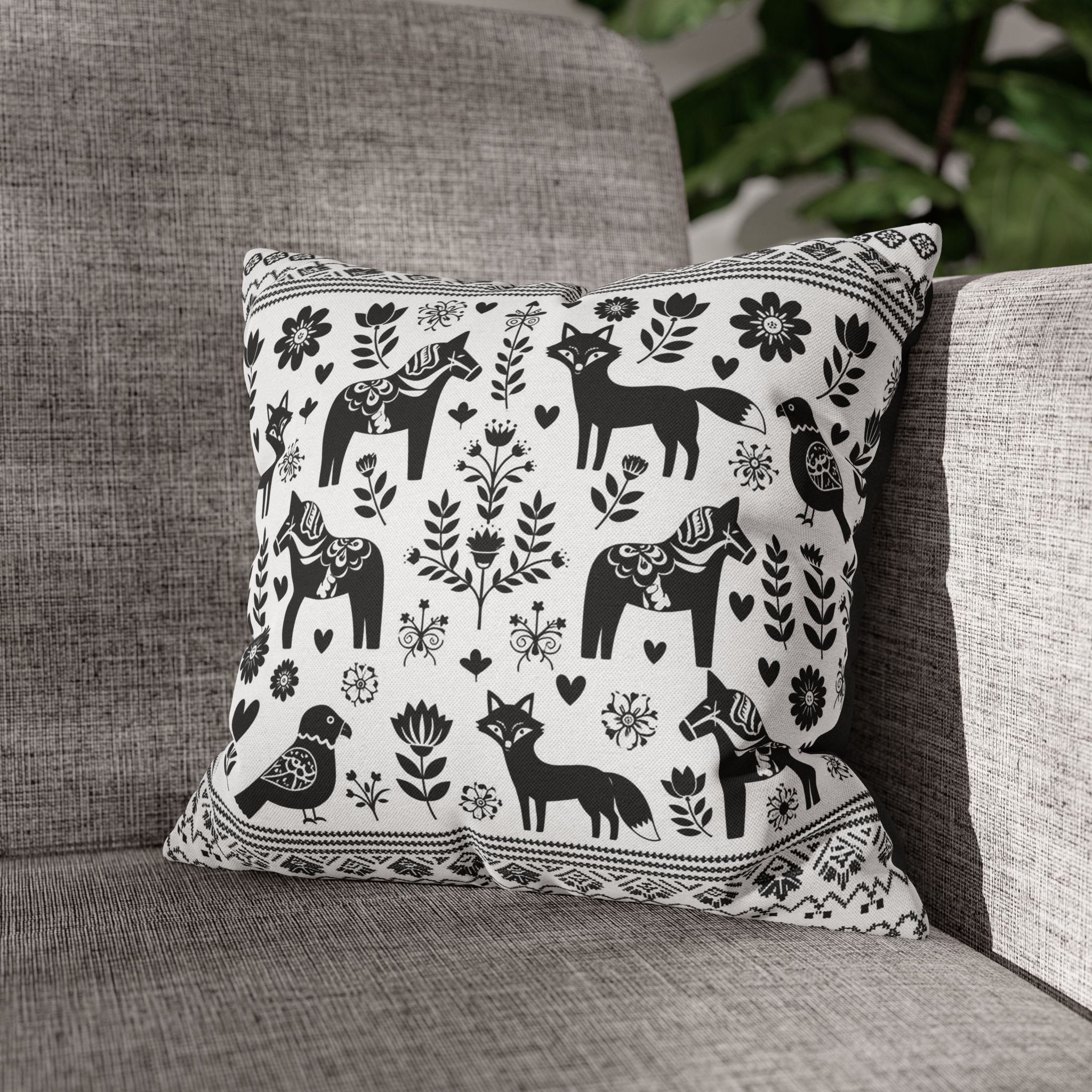 Nordic Folk Animal Pillow Cover — Black & White Dala Horse Throw Pillowcase