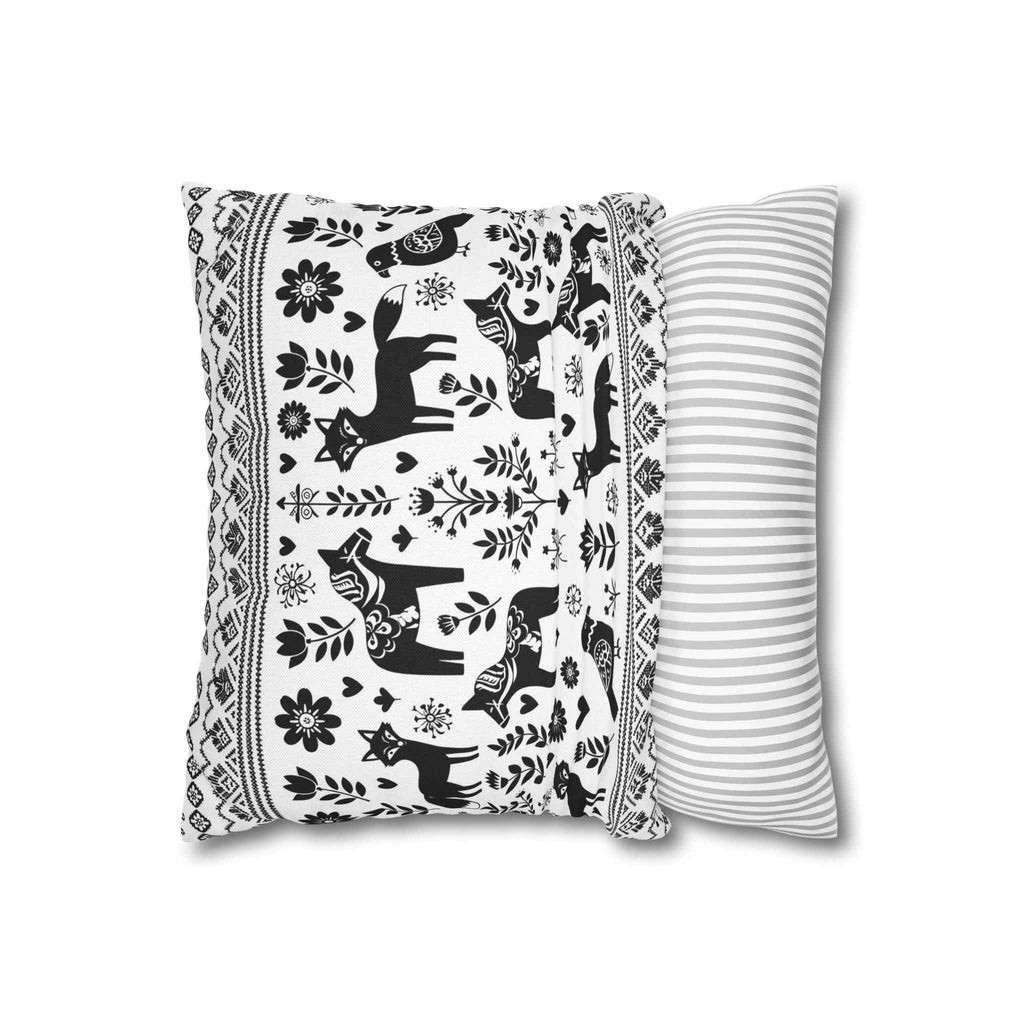 Nordic Folk Animal Pillow Cover — Black & White Dala Horse Throw Pillowcase