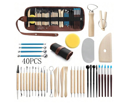 Töpferwerkzeug-Set 40-teilig mit Rolltasche für Modellieren