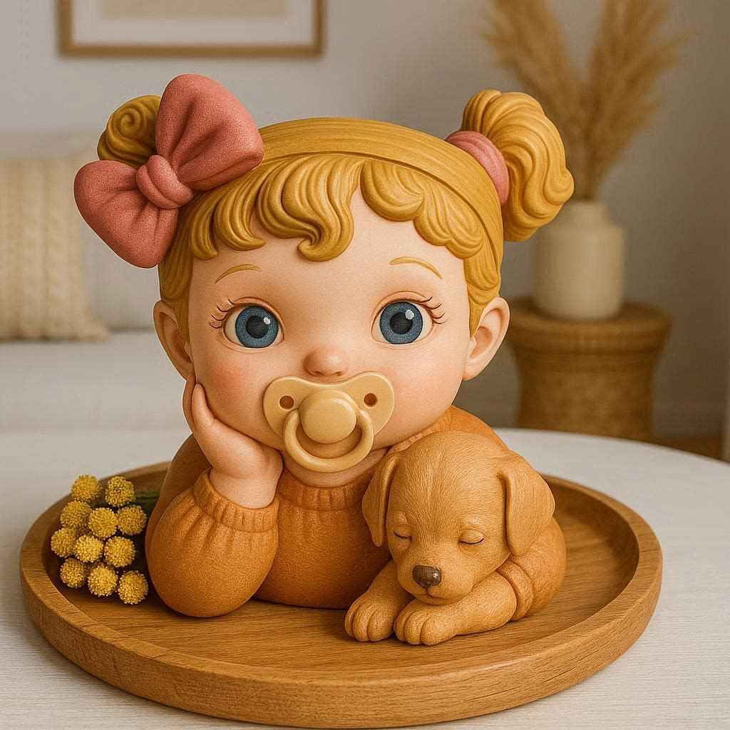 Gipsfigur Baby-Mädchen Mit Schnuller Und Hund Zum Bemalen