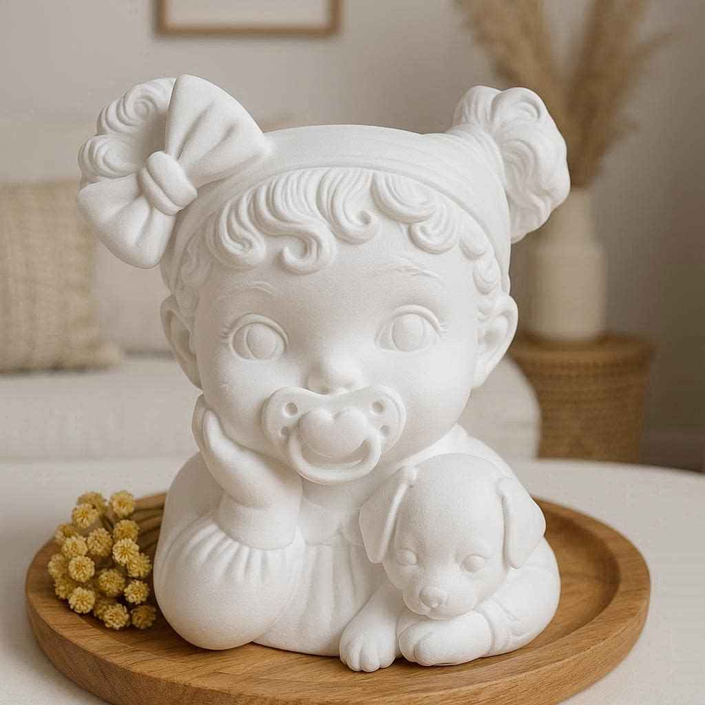 Gipsfigur Baby-Mädchen Mit Schnuller Und Hund Zum Bemalen