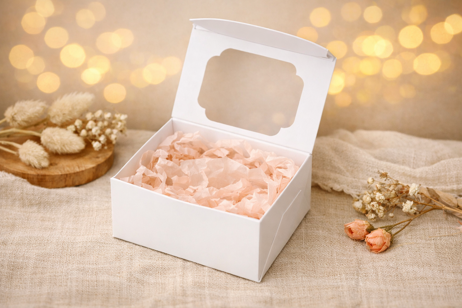 Weiße Geschenkbox mit dekorativem Sichtfenster