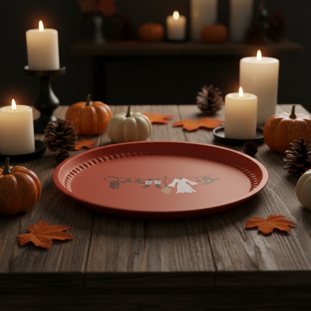 Halloween Teller – Holztisch mit Kürbissen