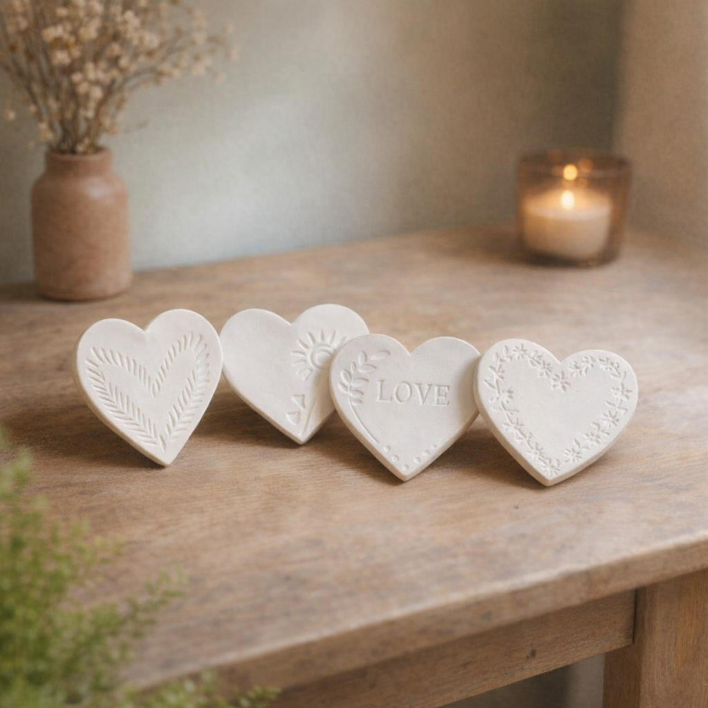 Gipsherzen Set 4 Stück – Handgegossen mit Relief für kreative Deko - Cozy Nook Atelier