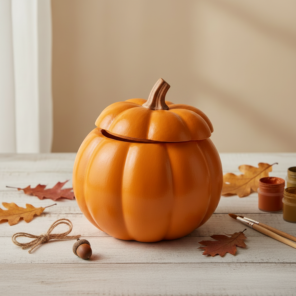 Kürbis Rohling in Orange auf Holztisch mit Herbstdeko und Pinseln