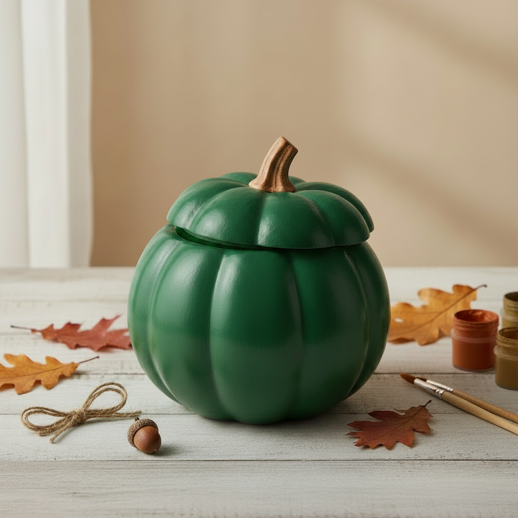 Kürbis Rohling in Grün auf Holztisch mit Herbstdeko und Pinseln