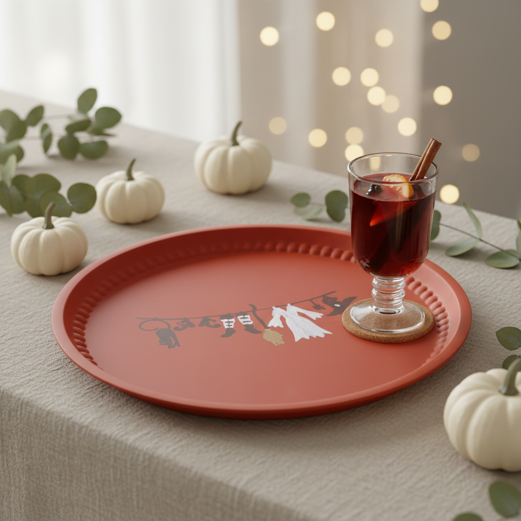 Halloween Servierteller auf gedecktem Tisch mit Lichterketten