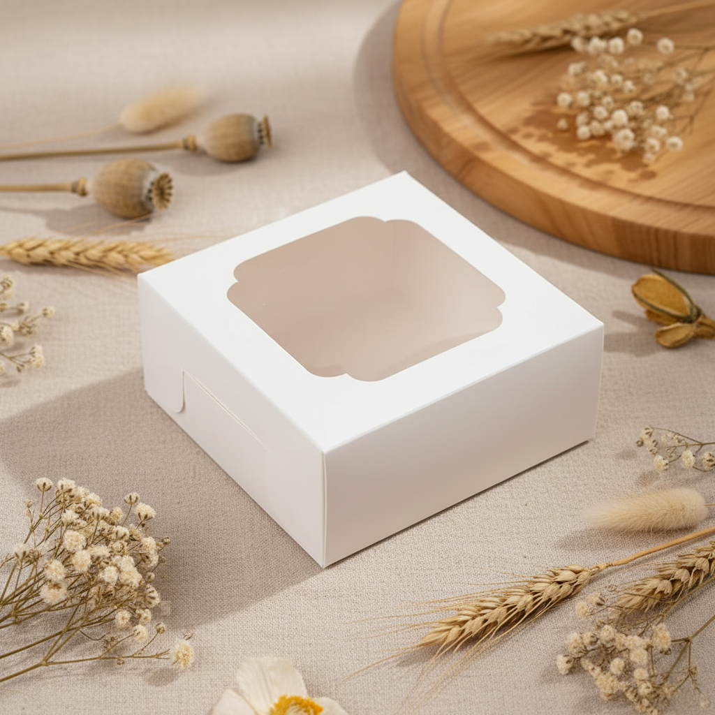 Weiße Geschenkbox mit dekorativem Sichtfenster