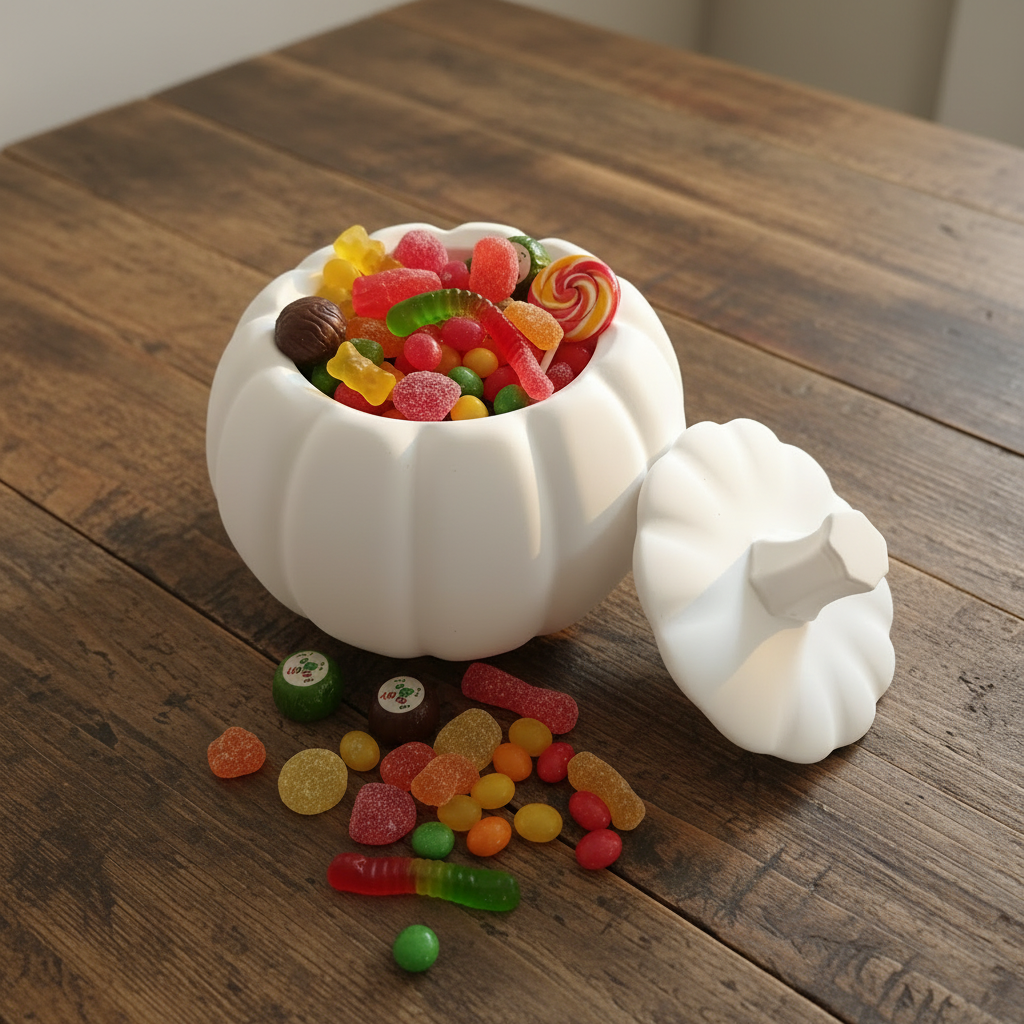 Kürbis Rohling mit Bonbons auf Holztisch