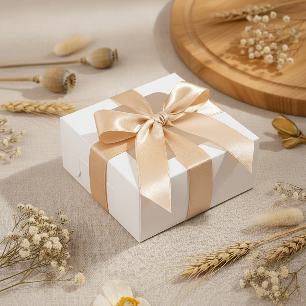 Weiße Geschenkbox mit Satinband
